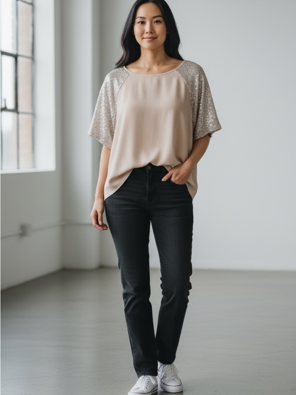 Chic Soul Blush Sequin Sleeve Blouse